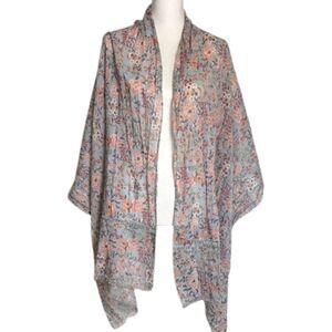 Ann Taylor LOFT Womens Floral Scarf OS Rectangle Fringe Crochet Spring Pink Blue